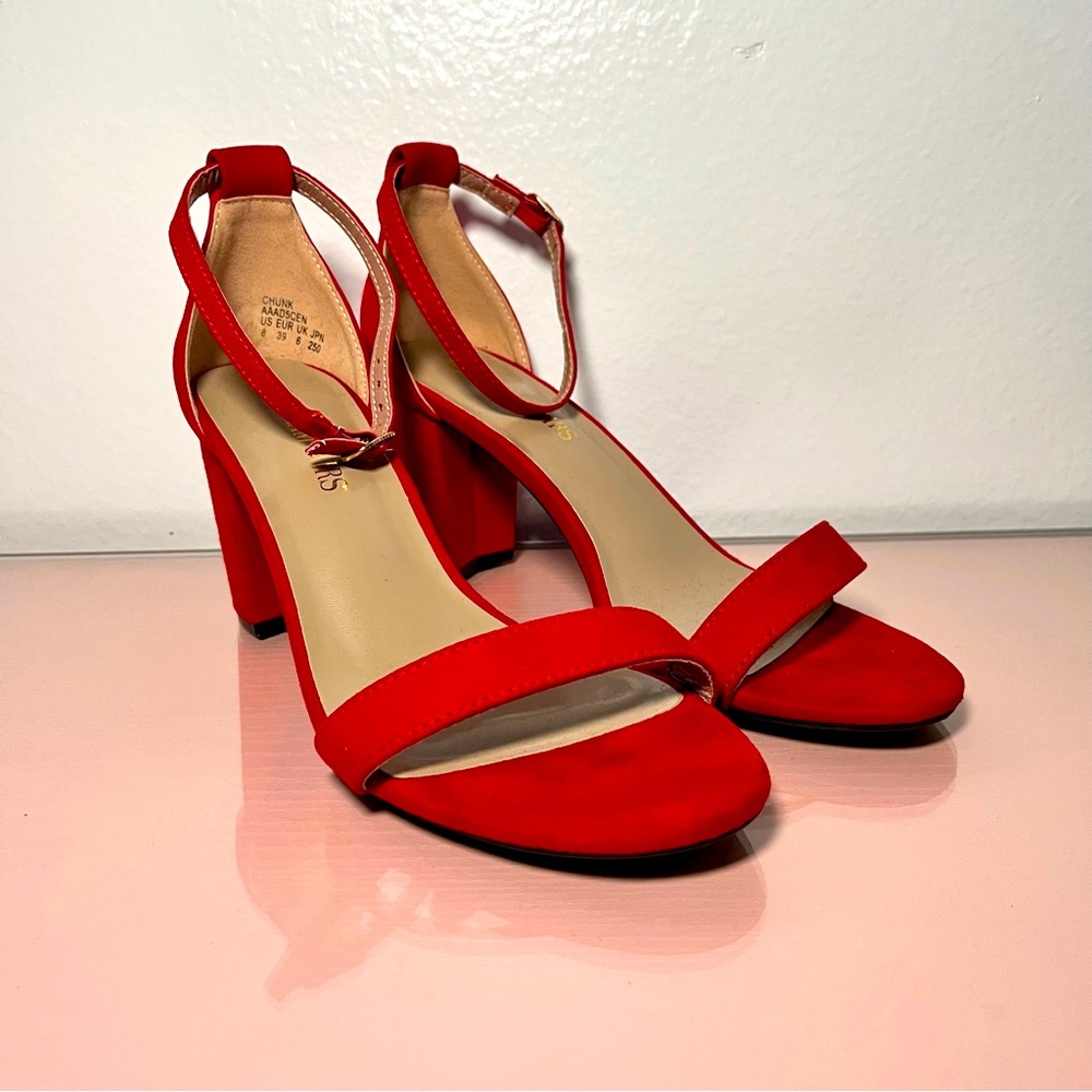 Red suede block heel sandals with ankle strap